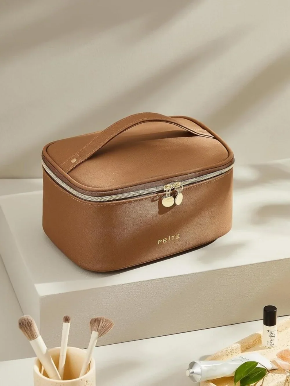 Stylish Brown Travel Makeup Bag & Cosmetic Organizer for Women - Toiletry Case